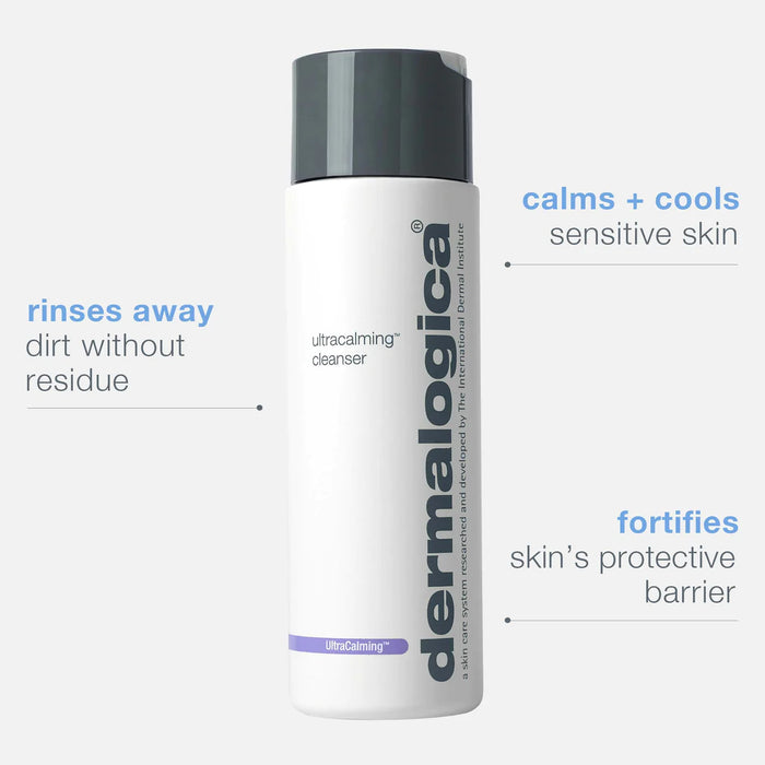 Dermalogica UltraCalming Cleanser rinses away dirt without residue, calms + cools sensitive skin, and fortifies skin's protective barrier