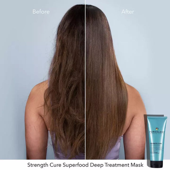 Pureology Strength Cure Superfood Deep Treatment Mask side to side comparison. Before photo shows dull, frizzy and dry hair. After photo reveals hair gained back its shininess, deeply moistured and manageable.