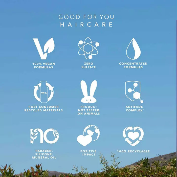 Pureology Philosophies, text saying " Good for you haircare, 100% vegan formulas, zero sulfate, concentrated formulas, post consumer recycled materials, product not tested on animals, antifade complex, no paraben, no silicone, no mineral oil, positive impact, 100% recyclable".