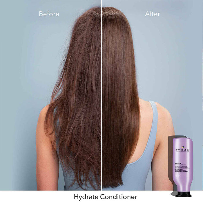 Comparison of using Pureology Hydrate Conditioner. Before side shows frizzy, tangled, lack of moisture and shine hair. After photo shows hair has regained shine, detangled and hydrated 