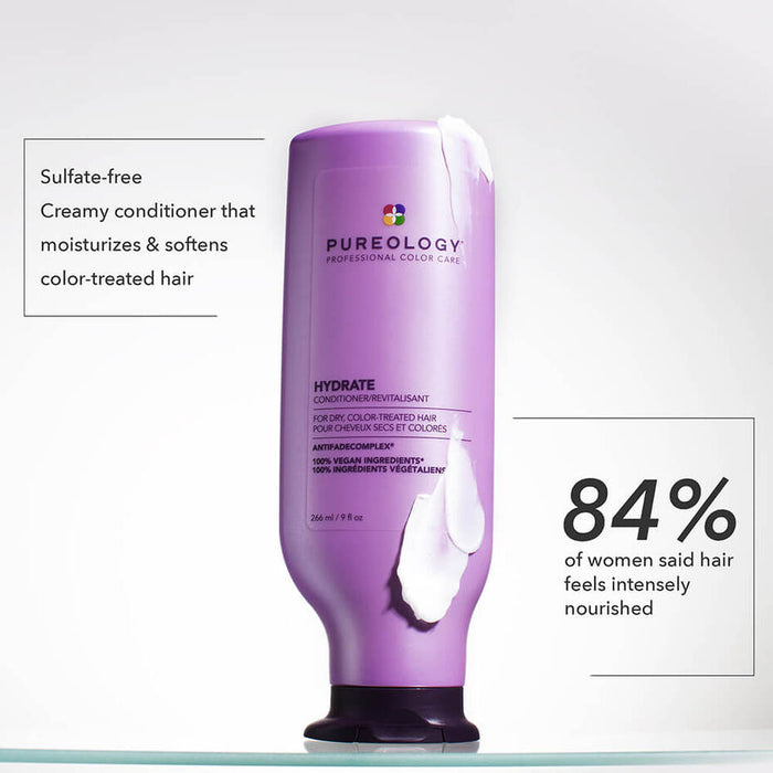 Pureology Hydrate Conditioner texture. Text saying "sulfate free, creamy conditioner that moisturizes and softens color-treated hair. 84% of woman said hair feels intensely nourished".