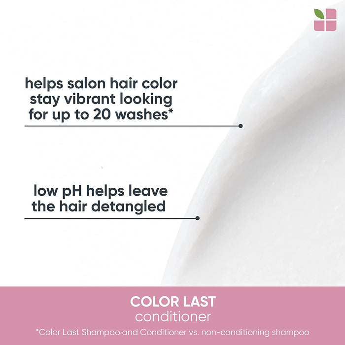 Matrix Biolage Color Last Conditioner benefits including helping salon hair color stay vibrant looking for up to 20 washes and low pH helping leave hair detangled.