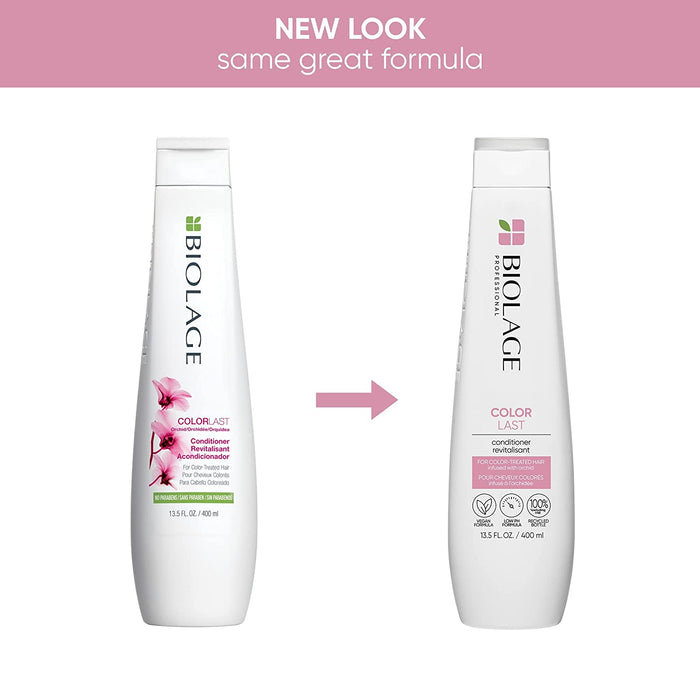 Matrix Biolage Color Last Conditioner 13.5 oz in old packaging vs. new packaging. New look, same great formula