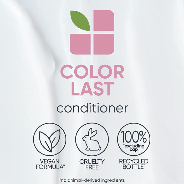 Matrix Biolage Color Last Conditioner benefits including vegan formula, cruelty free, and 100% recycled bottle (excluding cap)