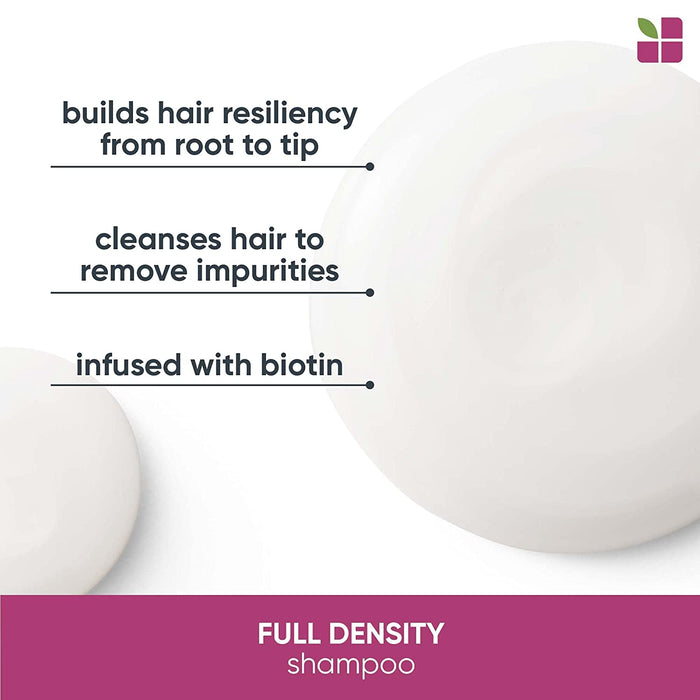 Matrix Biolage Matrix Biolage Full Density shampoo  benefits including building hair resiliency from root to tip, cleanses hair to remove impurities, and infused with biotin.