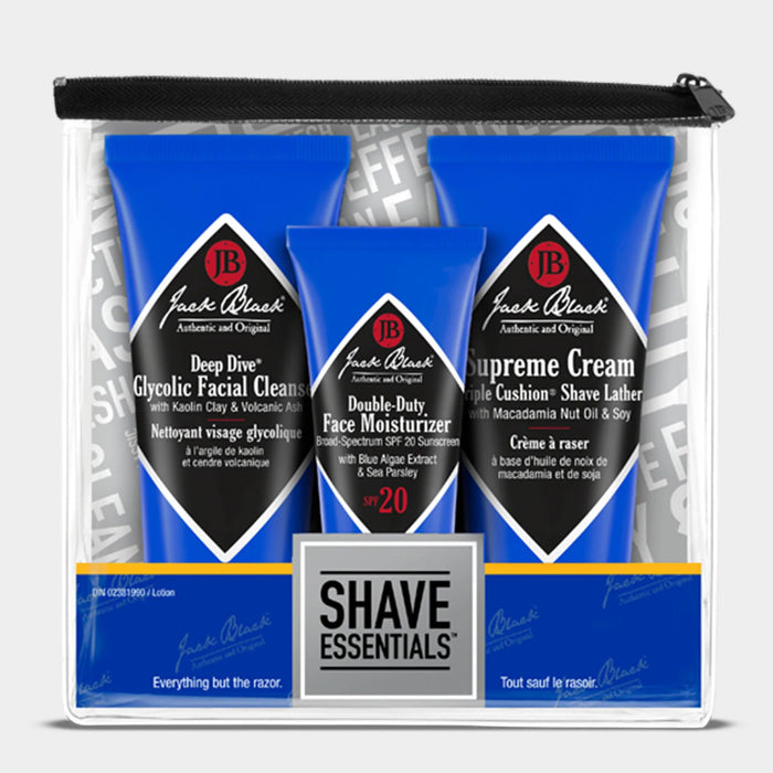 Jack Black Shave Essentials including Glycolic Facial Cleanser, Double Duty Face Moisturizer, and Supreme Cream