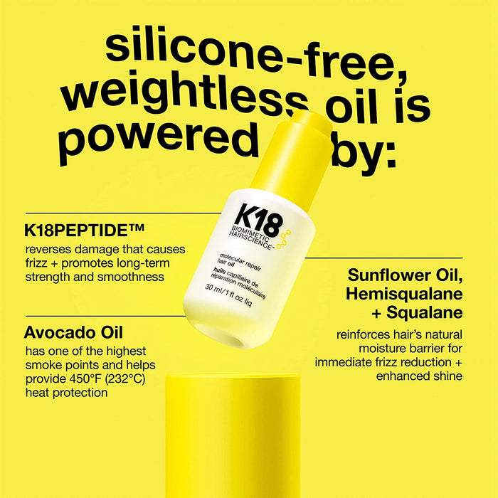K18 Molecular Repair Hair Oil is silicone free and leaves hair feeling weightless