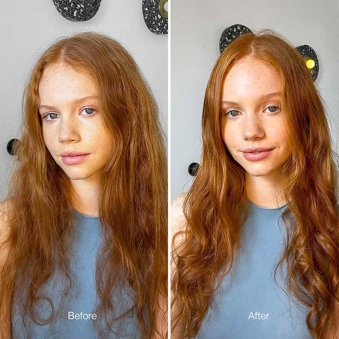 Side to side differences of using Pureology Hydrate Shampoo. Tangled, dull and unruly hair on model in before photo. After side reveals hair revived with even color, boost shine and smooth texture.