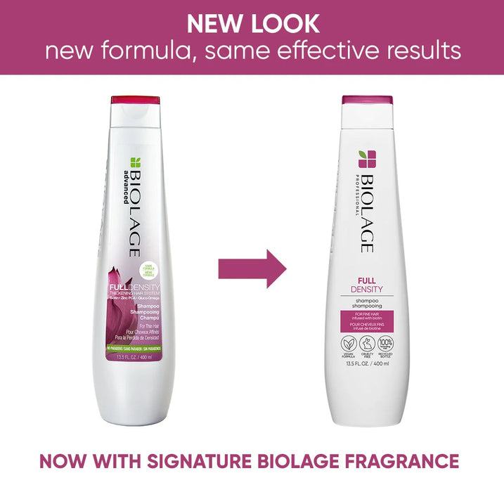 Matrix Biolage Full Density Shampoo comparing old packaging and old formula to new packaging and new formula. Same effective results, now with signature biolage fragrance.