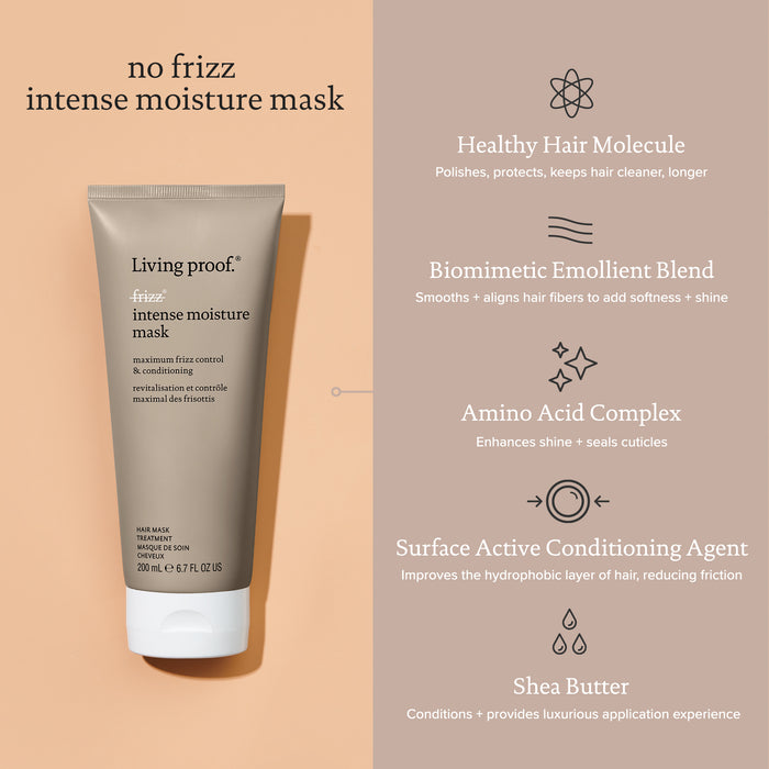 Living Proof No Frizz Intense Moisture Mask has maximum frizz control & conditioning utilizing healthy hair molecule, biomimetic emollient blend, amino acid complex, surface active conditioning agent, and shea butter