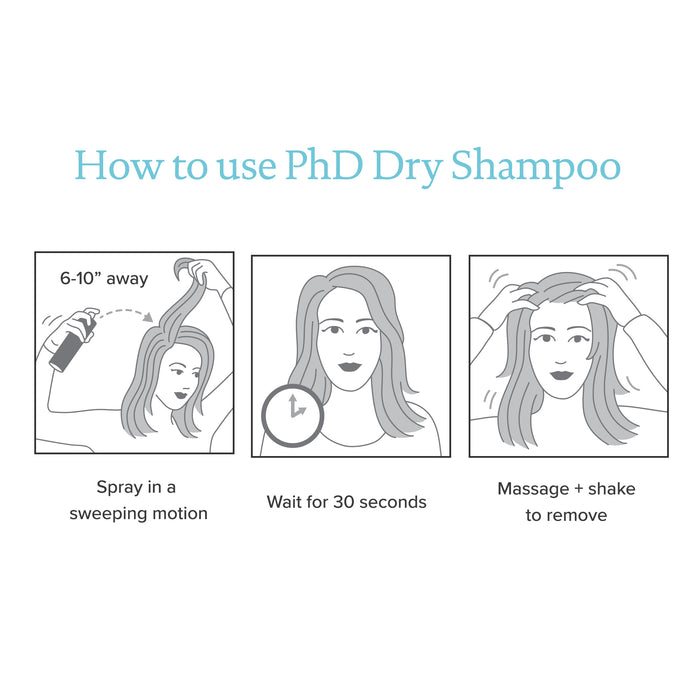 How to use Living Proof Perfect Hair Day dry shampoo - Spray in a sweeping motion 6-10" away from hair, wait 30 seconds, then massage and shake to remove any white residue