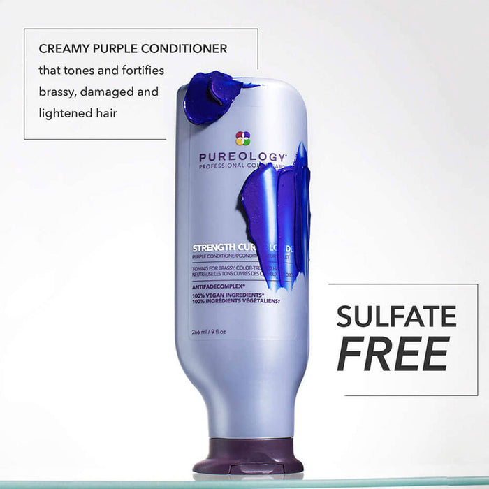 Pureology Strength Cure Blonde Conditioner description. Text saying " Creamy purple conditioner that tones and fortifies brassy, damaged and lightened hair and sulfate free".