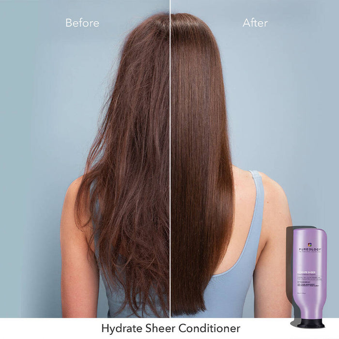 Pureology Hydrate Sheer Conditioner before and after comparison. Dull, dry and tangled hair on the left side. Hair was revived with shine, moisture and manageability 