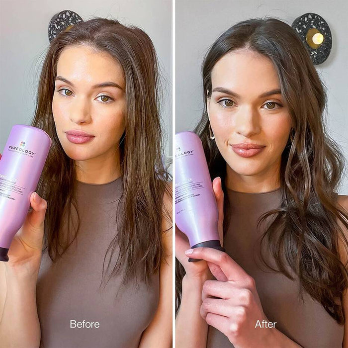 Before and after of using Pureology Hydrate Sheer Shampoo. Hair looks and feels greasy, dull of color and frizzy on the before photo. After photo shows vibrant color, shiny and moisturized hair.