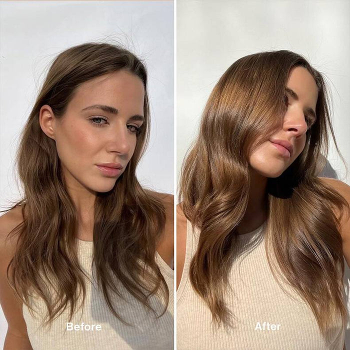 Pureology Nanoworks Gold Conditioner side to side comparison. Before side shows greasy, weighed down and dehydrated hair. After photo displays luxuriously shine, nourished and stronger hair.