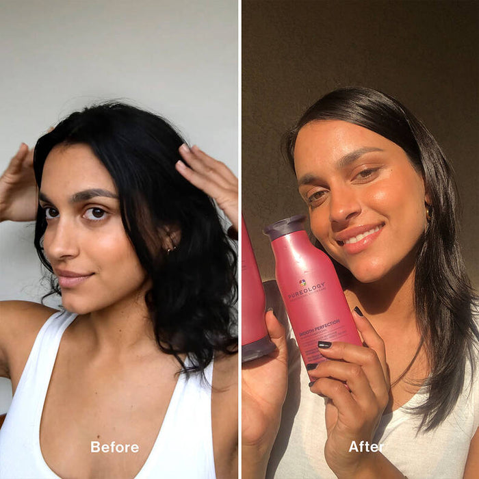 Pureology Smooth Perfection Shampoo comparison. Before photo shows hair is dull, frizzy and lack of shine. After side reveals shiny, smoothed out and manageable healthy looking hair. 