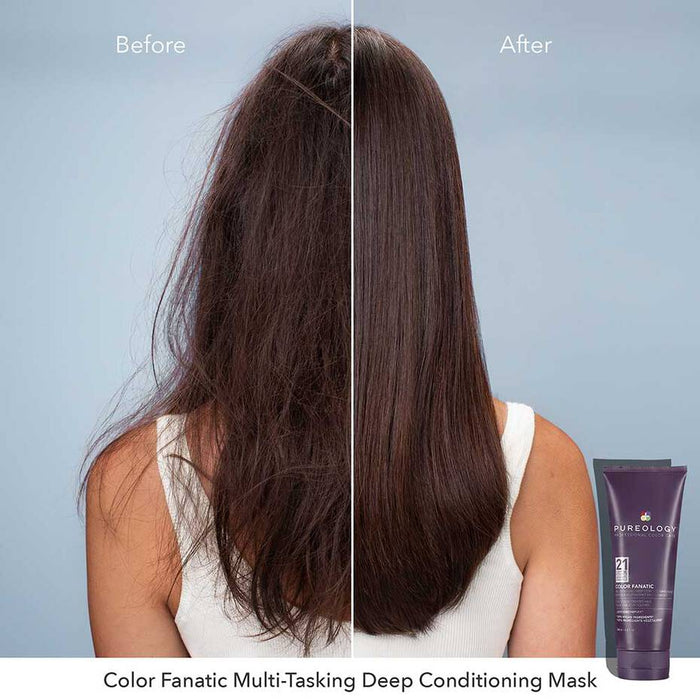Photo comparing before and after using Pureology Color Fanatic Multi Tasking Deep Conditioning Mask. Model's hair look and feel rough, tangled in before picture. Model's hair gained moisture, manageability and shine in after picture