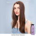 Side to side comparison of using Pureology Hydrate Sheer Shampoo. Before side shows frizzy, uneven color and lack of shine. After photo shows hair has gained back it shininess, vibrant color and moisture.