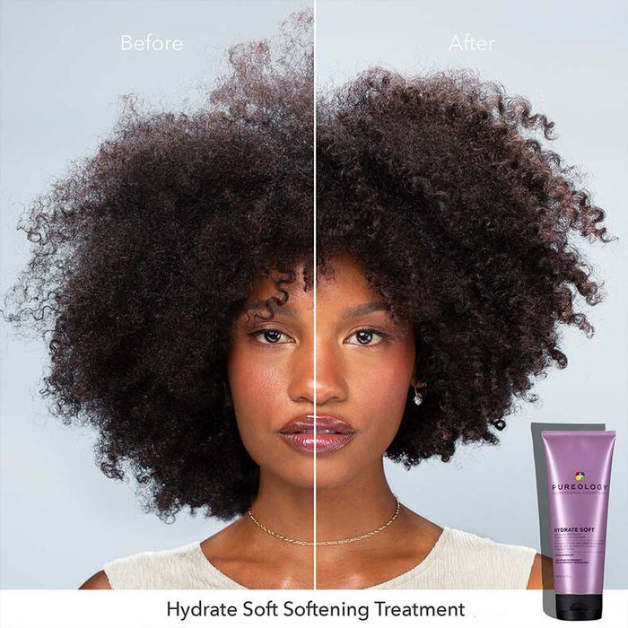 Before and after of using Pureology Hydrate Soft Softening Treatment. Nappy, frizzy and lack of shine on the before side. After side shows manageable, in style and hydrated hair.