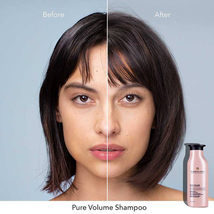 Pureology Pure Volume Shampoo comparison photos. Before photo shows greasy, weighed down and lack of volume. After photo reveals cleansed, full of volume and shiny hair.