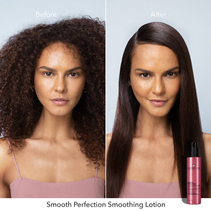 Pureology Smooth Perfection Smoothing Lotion before and after comparison. Hair is frizzed up, dull and lack of shine in before picture. After photo reveals shiny, smooth out and vibrant hair.