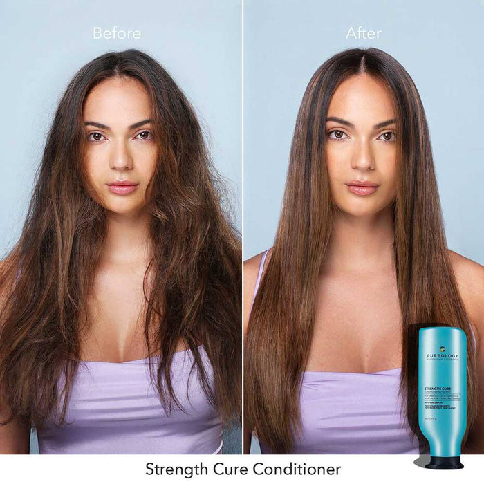 Pureology Strength Cure Conditioner before and after comparison. Before photo shows frizzy, unmanageable and damaged hair. After photo reveals shiny, vibrant and moisturized hair.