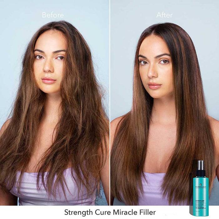 Pureology Strength Cure Miracle Filler side to side comparison. Hair appears to be frizzy, damaged and unmanageable in before photo. After picture reveals shiny, smooth out and vibrant hair.