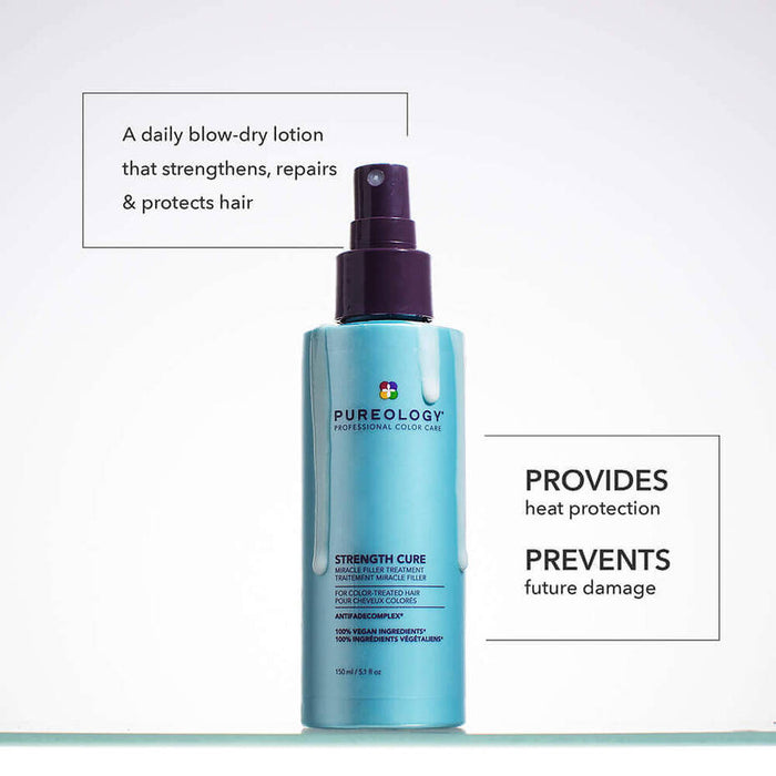 Pureology Strength Cure Miracle Filler description. Text saying " A daily blow dry lotion that strengthens, repairs and protects hair, provides heat protection, prevents future damage".