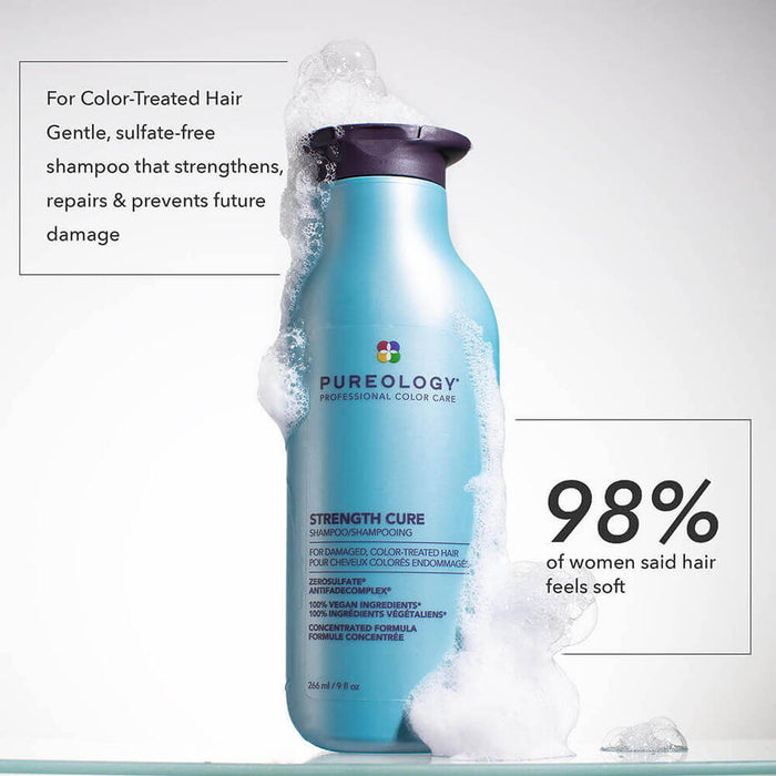 Pureology Strength Cure Shampoo description. " For color treated hair. Gentle, sulfate free shampoo that strengthens, repairs and prevents future damage. 98% of women said hair fells soft".