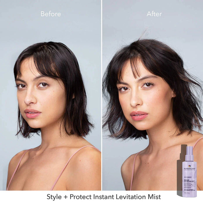 Pureology Style + Protect Instant Levitation Mist side to side comparison. Before photo shows hair flat, greasy and lack of volume. After photo reveals fluffy, volumized and refreshed. 