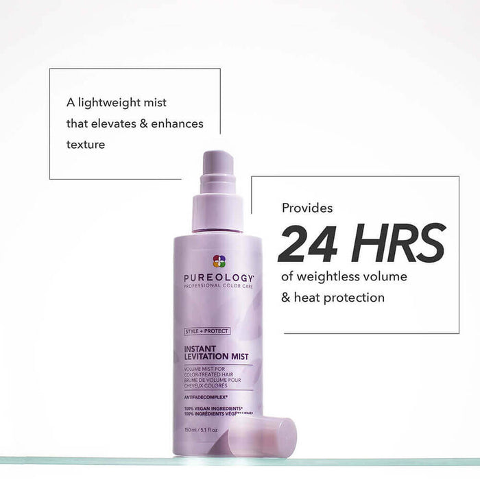 Pureology Style + Protect Instant Levitation Mist description. Text saying " a lightweight mist that elevates and enhances texture. Provides 24 hours of weightless volume and heat protection".