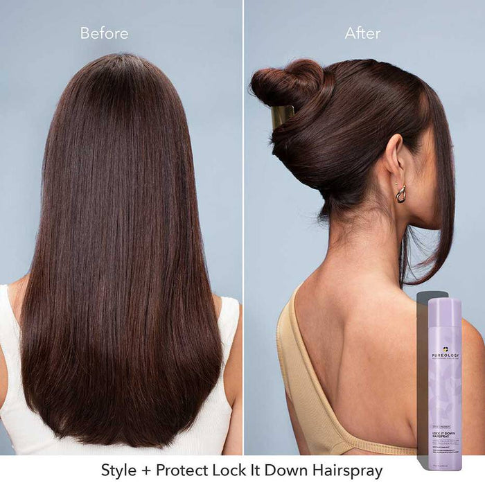 Pureology Style + Protect Lock It Down Hairspray side to side comparison. Hair is flat and lack of hold in before photo. After side shows hair has more shine, manageable and hold. 