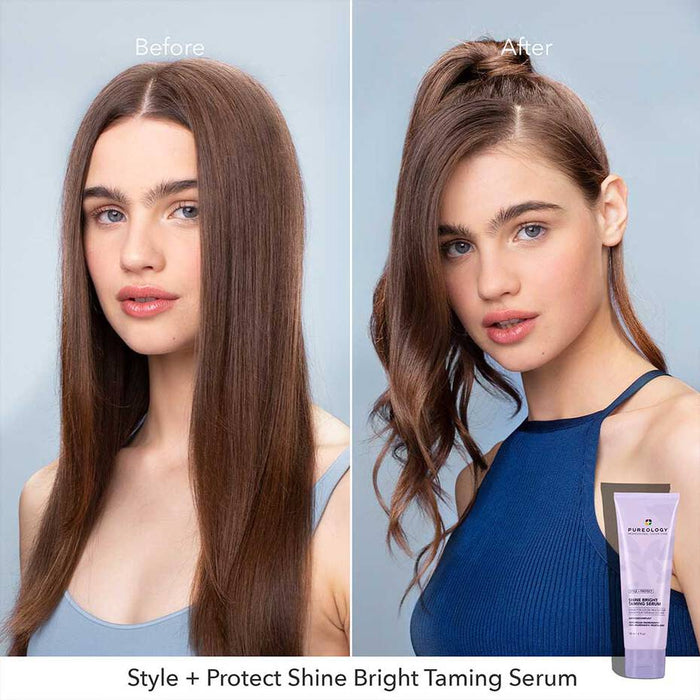 Before and after Pureology Style + Protect Shine Bright Taming Serum. Hair is flat and dull in the before side. After side reveals a softer, manageable and smooth out hair.