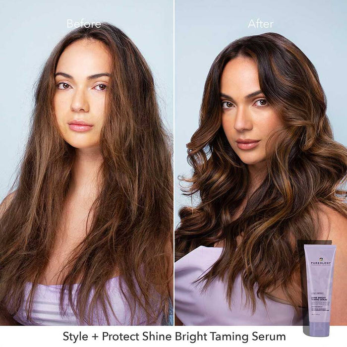Pureology Style + Protect Shine Bright Taming Serum comparison. Hair in the before photo shows lack of volume, shine and softness. After photo reveals full volume, shine and definition. 