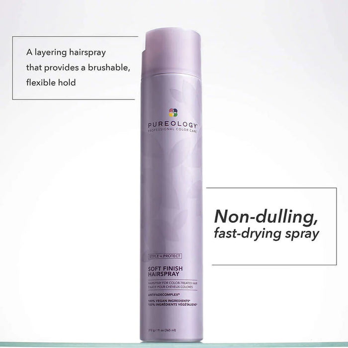 Pureology Style + Protect Soft Finish Hairspray description. Text saying "a layering hairspray that provides a brushable, flexible hold, non dulling, fast drying spray".