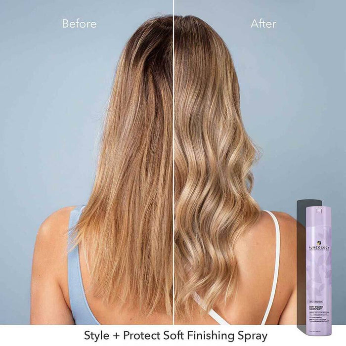 Side to side comparison of using Pureology Style + Protect Soft Finish Hairspray. Before side shows hair lack of volume, softness and shine. Hair appears to be full of volume, texture and shine