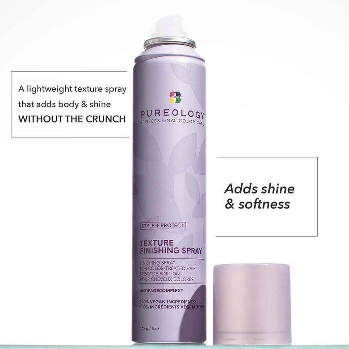 Pureology Style + Protect Texture Finishing Spray description. Text saying " a lightweight texture spray that adds body & shine without the crunch. Adds shine & softness".