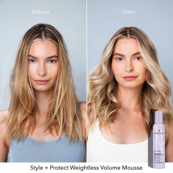Pureology Style + Protect Weightless Volume Mousse texture. Before side shows flat, weighed down. After reveals a full of volume, manageable hair. 
