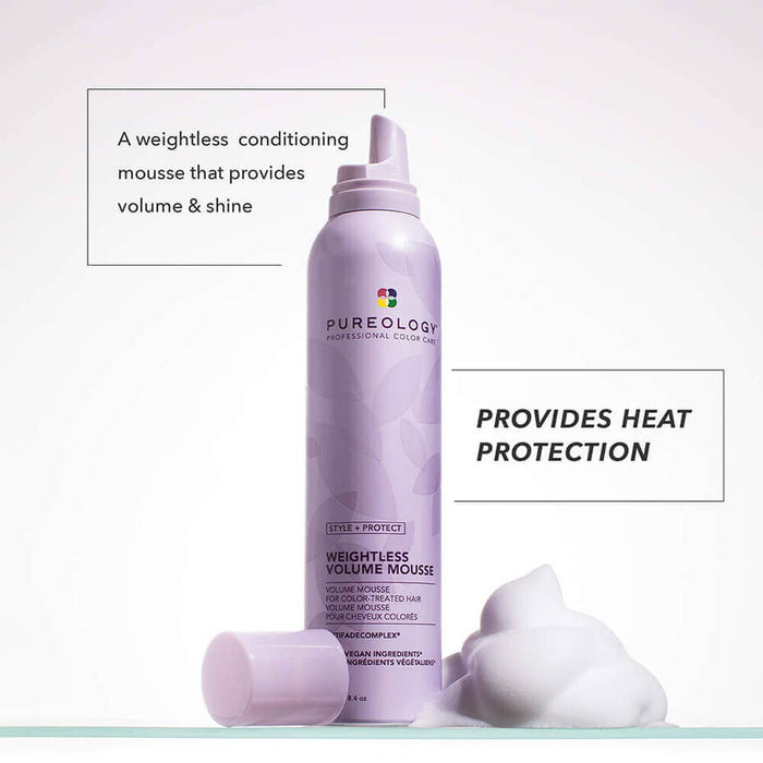 Pureology Style + Protect Weightless Volume Mousse. Text saying " a weightless conditioning mousse that provides volume, shine and heat protection".