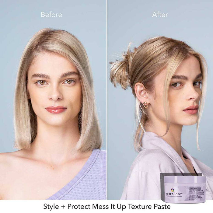 Before and after of using Pureology Style + Protect Mess It Up Texture Paste. Hair is flat, frizzy and lack of shine on the before side. After side reveals soft textured style, shiny and controlled hair.