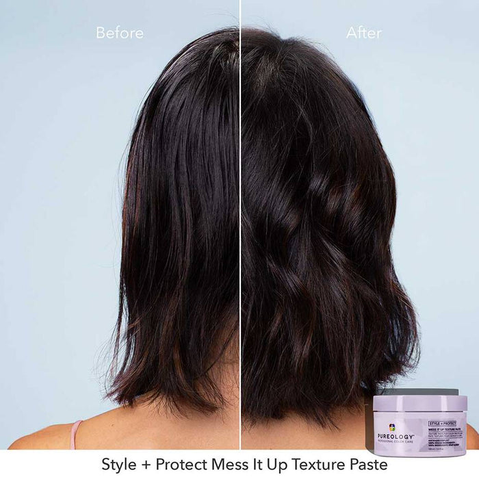 Side to side of using Pureology Style + Protect Mess It Up Texture Paste. Before side shows model's hair is greasy and flat. After photo shows textured, shiny and volumized hair.