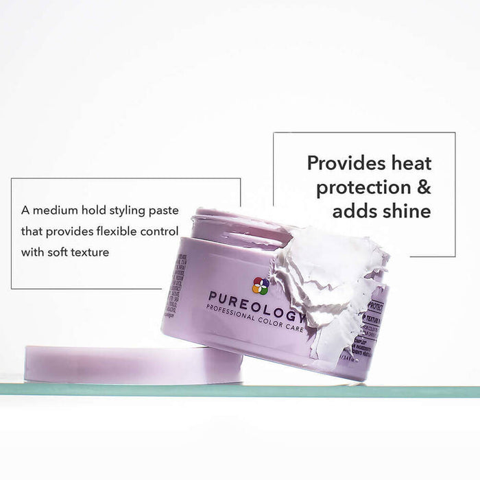 Pureology Style + Protect Mess It Up Texture Paste description. Text saying " A medium hold styling paste that provides flexible control with soft texture. Provides heat protection and adds shine".