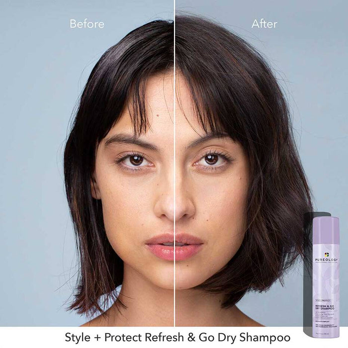 Pureology Style + Protect Refresh & Go Dry Shampoo side to side differences. Before photo shows flat, oily and unmanageable hair. After photo shows hair has more volume, clean and softness.