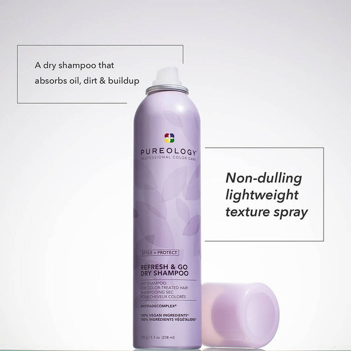 Pureology Style + Protect Refresh & Go Dry Shampoo description. Text saying " a dry shampoo that absorbs oil, dirt and buildup, non dulling lightweight texture spray".