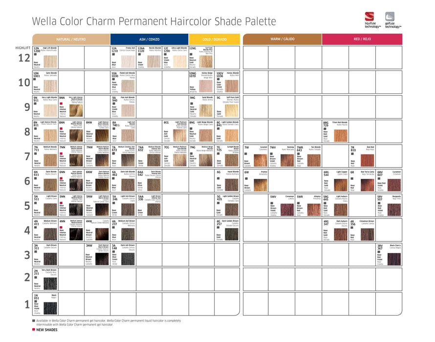 Wella Color Charm Permanent Liquid Color 1.4oz. Color/Shade Chart