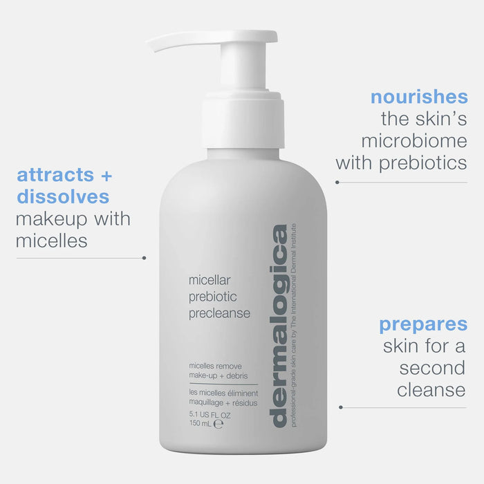 Dermalogica Micellar Prebiotic Precleanse dissolves makeup, nourishes the skin, and prepares the skin for a second cleanse